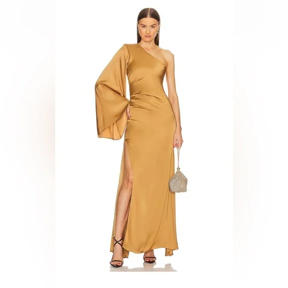 NWT Michael Costello x REVOLVE Mae One Shoulder Evening Gown in Gold Size Small - Picture 1 of 10